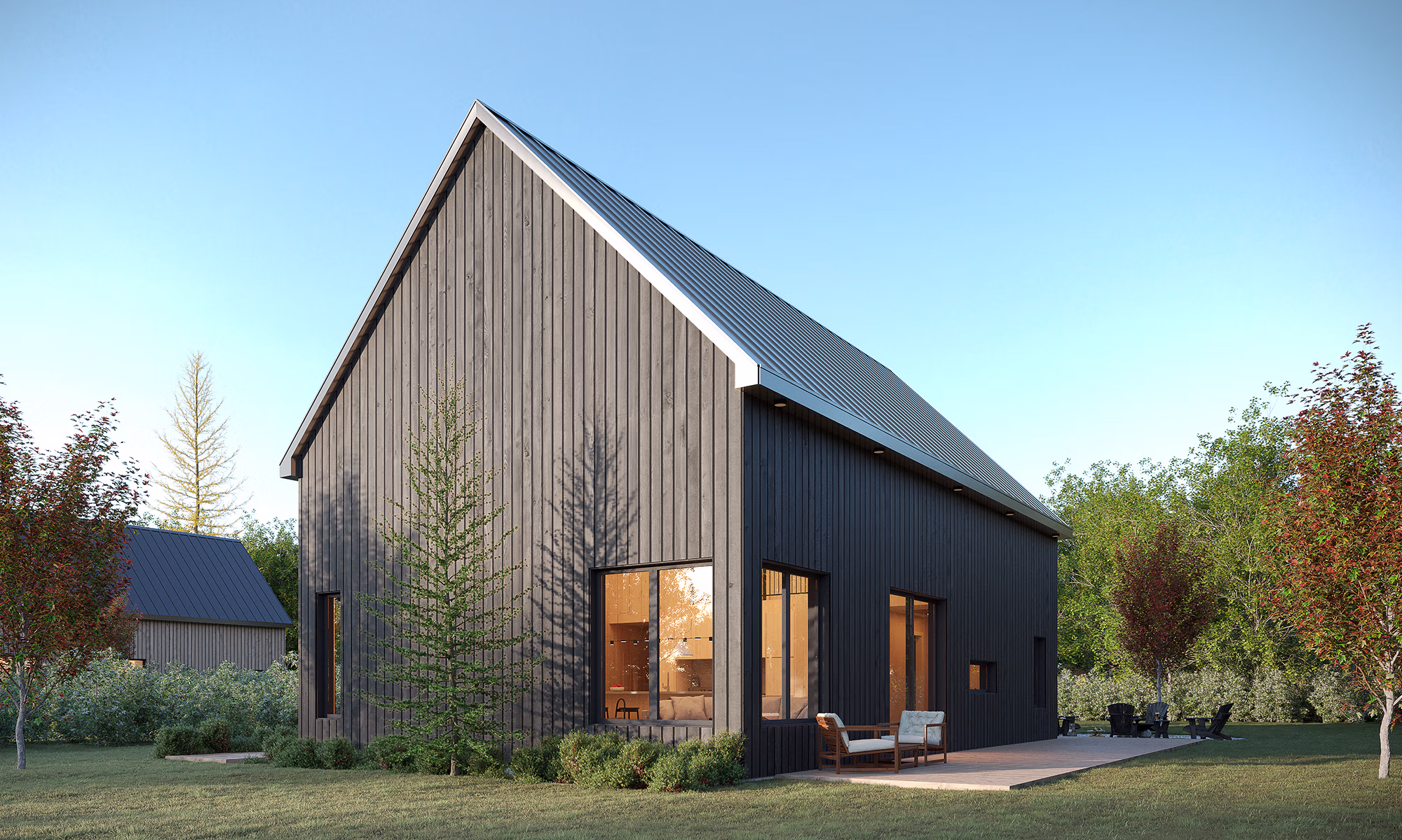 3D exterior visualization of a modern barn-style house during daylight.