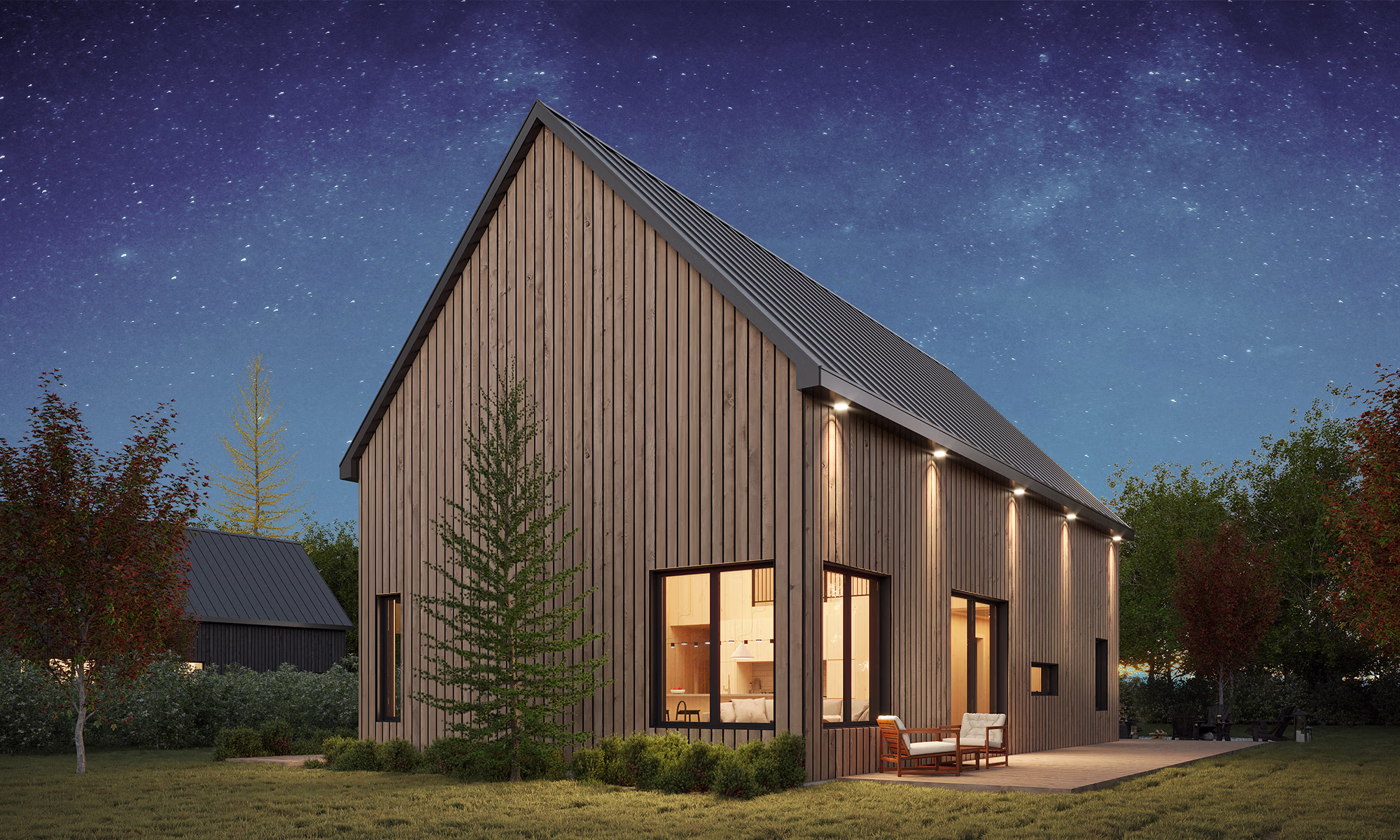 3D exterior visualization of a modern barn-style house during night.