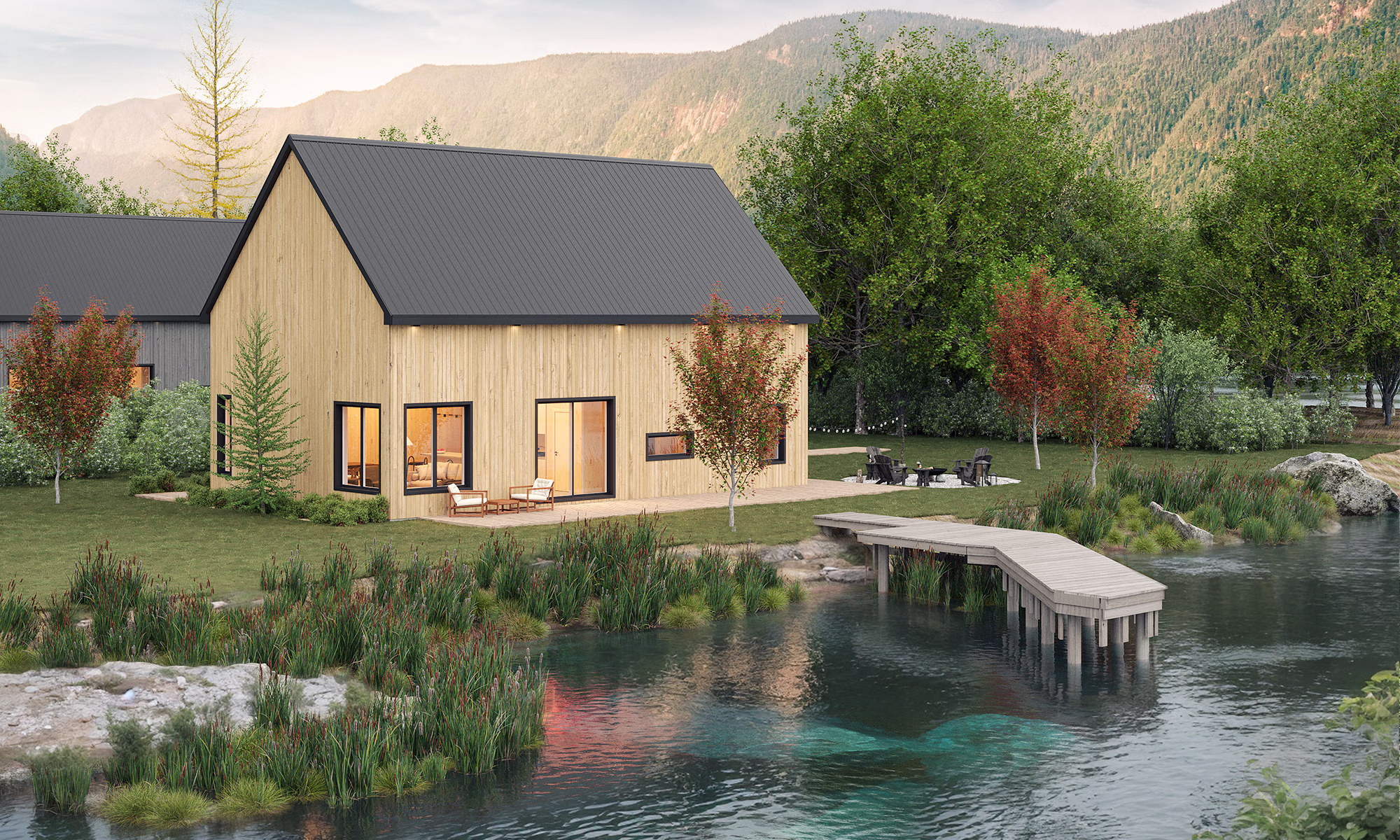3D exterior visualization of a modern barn-style lake house during sunlight near lake.