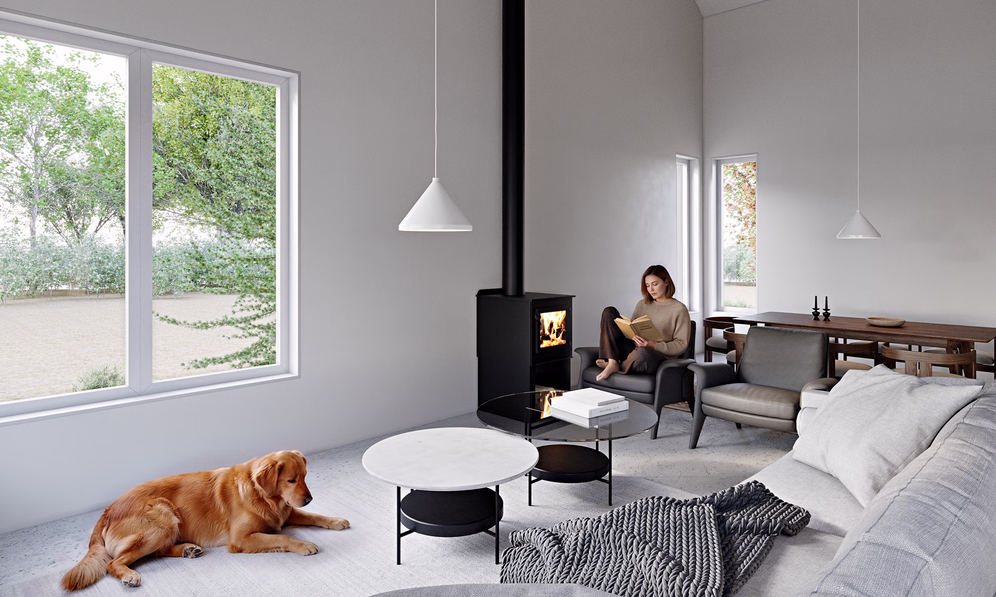 3D render of the living area in a barn style house with woman reading the book and dog laying around
