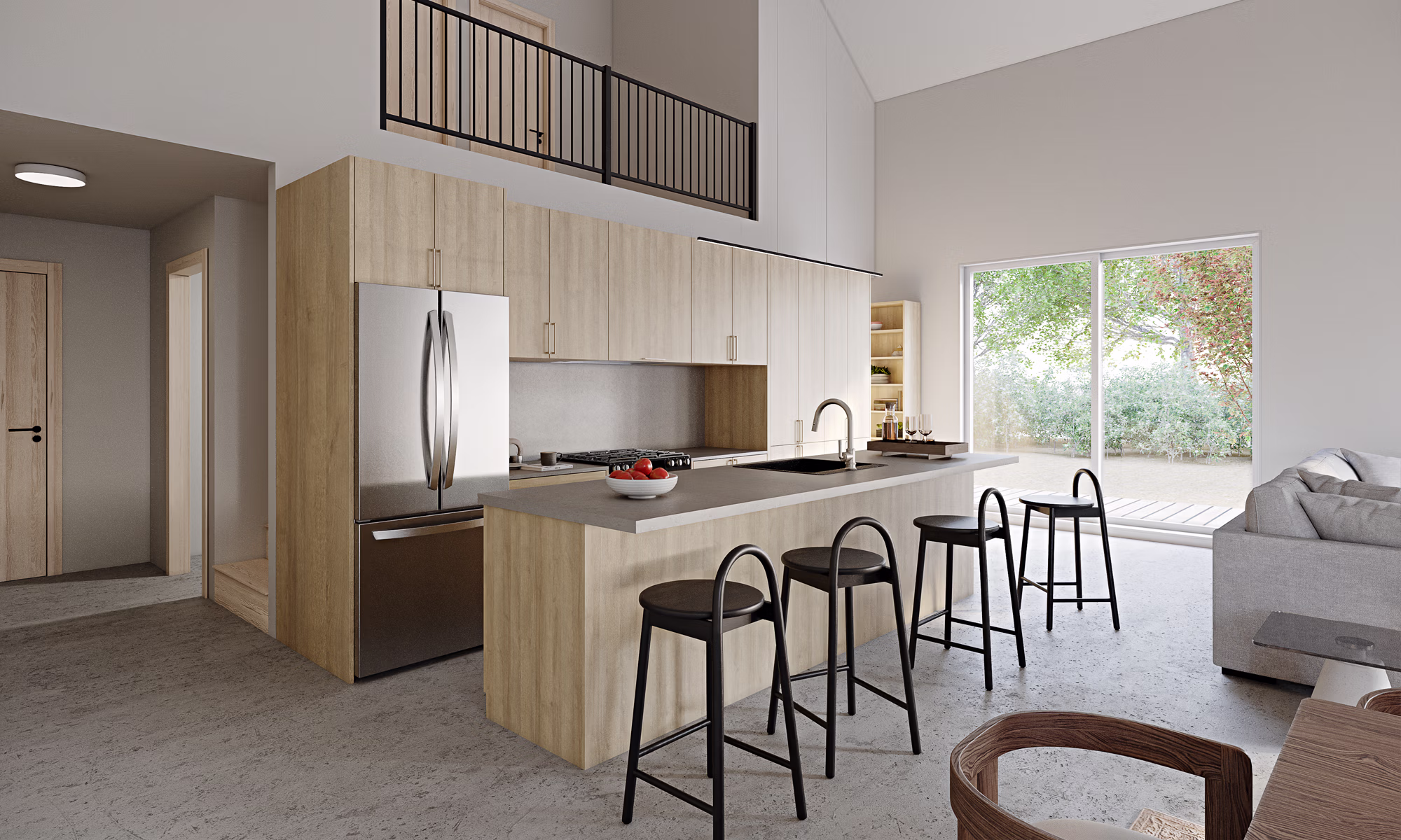 3d render of oak kitchen taken from angled camera showing island with barstools